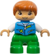 LEGO onderdeel Duplo Figure Lego Ville, Child Boy, Bright Green Legs, Dark Azure Vest, White Shirt, Dark Orange Hair, Hearing Aids (6443276) 47205pb097