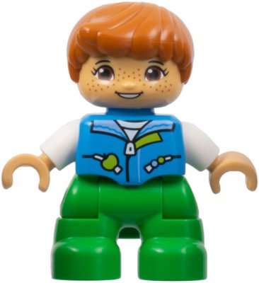 LEGO part Duplo Figure Lego Ville, Child Boy, Bright Green Legs, Dark Azure Vest, White Shirt, Dark Orange Hair, Hearing Aids (6443276) (47205pb097)