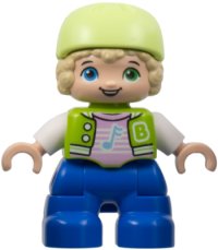 LEGO part Duplo Figure Lego Ville, Child Boy, Blue Legs, Lime Jacket with White Sleeves, Bright Pink Shirt, Yellowish Green Bicycle Helmet (6424661) 47205pb098