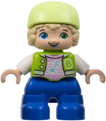 LEGO part Duplo Figure Lego Ville, Child Boy, Blue Legs, Lime Jacket with White Sleeves, Bright Pink Shirt, Yellowish Green Bicycle Helmet (6424661) (47205pb098)
