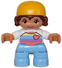 LEGO part Duplo Figure Lego Ville, Child Girl, Bright Light Blue Legs, White Shirt with Coral, Medium Lavender, Bright Light Blue and Bright Light Yellow Stripes, Coral Heart, Reddish Brown Hair, Bright Light Orange Helmet (6447772) 47205pb103