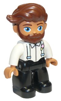 LEGO part Duplo Figure Lego Ville, Male, Black Legs, White Top with Light Aqua Suspenders, Reddish Brown Hair, Beard 47394pb280