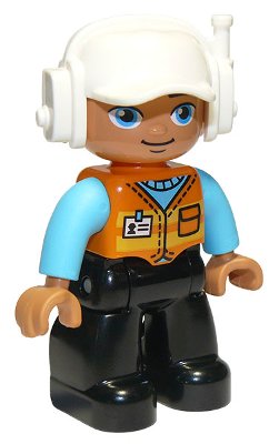 LEGO part Duplo Figure Lego Ville, Male, Black Legs, Orange Vest with Badge and Pocket, Medium Azure Arms, White Cap with Headset (6301361) (47394pb288)