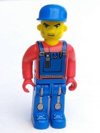 LEGO part Tractor Driver With Blue Overalls, Red Shirt, Plain Blue Cap, Beard Stubble 4j006