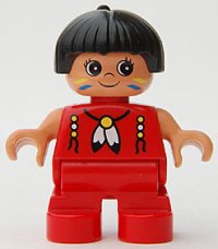 LEGO part Duplo Figure, Child Type 2 Girl, Red Legs, Red Top with Feather Necklace, Black Hair with Feather (American Indian) 6453pb031