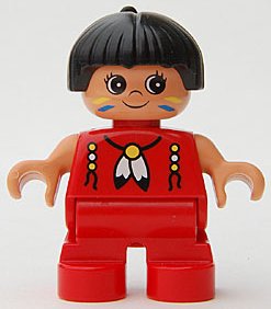 LEGO part Duplo Figure, Child Type 2 Girl, Red Legs, Red Top with Feather Necklace, Black Hair with Feather (American Indian) (6453pb031)