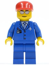 LEGO part Airport - Blue 3 Button Jacket & Tie, Red Cap, Silver Sunglasses with Thin Smile air036