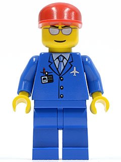 LEGO part Airport - Blue 3 Button Jacket & Tie, Red Cap, Silver Sunglasses with Thin Smile (air036)