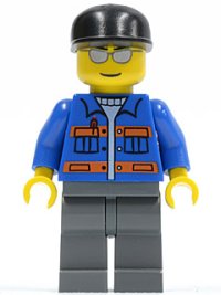 LEGO part Blue Jacket with Pockets and Orange Stripes, Dark Bluish Gray Legs, Black Cap, Silver Sunglasses cty0150