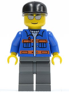 LEGO part Blue Jacket with Pockets and Orange Stripes, Dark Bluish Gray Legs, Black Cap, Silver Sunglasses (cty0150)