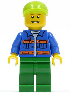 LEGO part Blue Jacket with Pockets and Orange Stripes, Green Legs, Lime Short Bill Cap (cty0162)