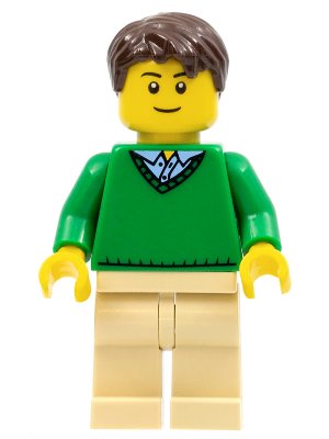 LEGO part Green V-Neck Sweater, Tan Legs, Dark Brown Short Tousled Hair, Thin Grin (cty0547)