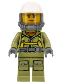 LEGO part Volcano Explorer - Female Worker, Suit with Harness, Construction Helmet, Breathing Neck Gear with Air Tanks, Trans-Brown Visor cty0681
