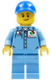 LEGO part Medium Blue Uniform Shirt with Pocket and Octan Logo, Medium Blue Legs, Blue Cap with Hole, Lopsided Smile cty0689
