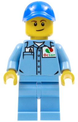 LEGO part Medium Blue Uniform Shirt with Pocket and Octan Logo, Medium Blue Legs, Blue Cap with Hole, Lopsided Smile (cty0689)