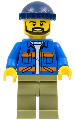 LEGO part Dock Worker, Male, Blue Jacket with Diagonal Lower Pockets and Orange Stripes, Olive Green Legs, Dark Blue Knit Cap (cty0996)