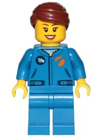 LEGO part Astronaut - Female, Blue Jumpsuit, Reddish Brown Hair Swept Back Into Bun, Open Mouth Smile cty1036