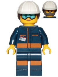 LEGO part Rocket Engineer - Female, Dark Blue Jumpsuit, White Construction Helmet with Dark Brown Ponytail Hair, Light Blue Goggles and Face Covered with Dirt cty1038