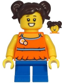 LEGO part Madison (Maddy) Yea - Girl, Orange Halter Top Dress, Blue Short Legs, Dark Brown Hair cty1215
