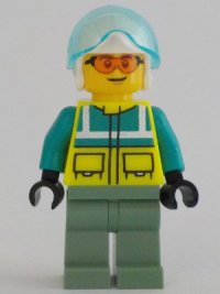 LEGO onderdeel Rescue Helicopter Pilot - Male, Dark Turquoise and Neon Yellow Safety Vest, Sand Green Legs, White Helmet, Trans-Light Blue Visor, Safety Glasses cty1344