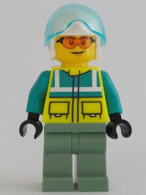 LEGO onderdeel Rescue Helicopter Pilot - Male, Dark Turquoise and Neon Yellow Safety Vest, Sand Green Legs, White Helmet, Trans-Light Blue Visor, Safety Glasses (cty1344)