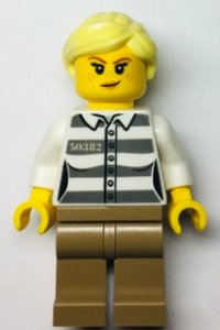 LEGO part Police - Jail Prisoner 50382 Prison Stripes, Female, Dark Tan Legs, Smirk with Peach Lips, and Bright Light Yellow Ponytail cty1368