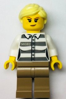 LEGO part Police - Jail Prisoner 50382 Prison Stripes, Female, Dark Tan Legs, Smirk with Peach Lips, and Bright Light Yellow Ponytail (cty1368)