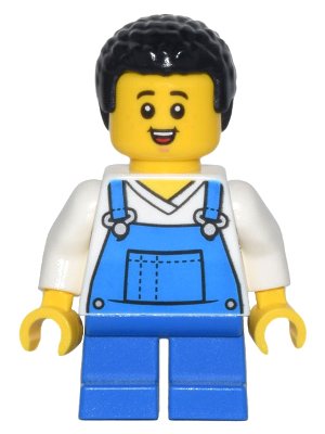 LEGO part Child - Boy, Blue Overalls over V-Neck Shirt, Blue Short Legs, Black Coiled Hair, Freckles (cty1443)