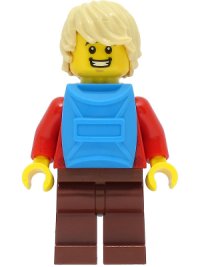 LEGO part Passenger - Male, Red Plaid Flannel Shirt, Reddish Brown Legs, Tan Hair, Dark Azure Backpack cty1473