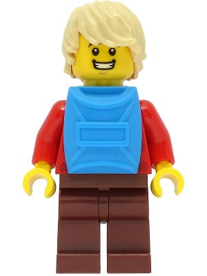 LEGO part Passenger - Male, Red Plaid Flannel Shirt, Reddish Brown Legs, Tan Hair, Dark Azure Backpack (cty1473)