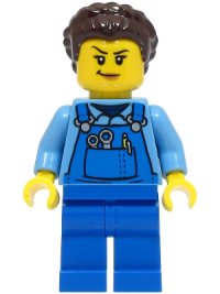 LEGO onderdeel Stuntz Crew - Female, Blue Overalls over Medium Blue Shirt, Blue Legs, Dark Brown Hair, Back Print cty1500