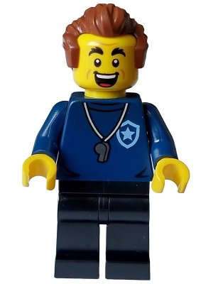 LEGO part Police - City Trainer Academy Male, Dark Blue Shirt, Silver Whistle, Black Legs, Reddish Brown Hair, Open Mouth (cty1559)