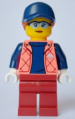 LEGO part Female - Coral Jacket over Sweater, Dark Red Legs, Dark Blue Cap, Dark Orange Hair (cty1632)