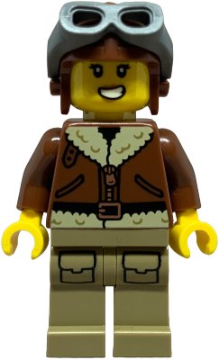 LEGO part Airplane Soapbox Race Car Driver (Pilot) - Female, Reddish Brown Aviator Jacket, Dark Tan Legs with Pockets, Aviator Cap, Dark Bluish Gray Goggles (cty1844)