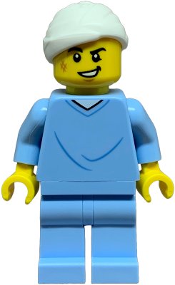 LEGO part Hospital Bed Soapbox Race Car Driver (Patient) - Male, Bright Light Blue Hospital Gown and Legs, White Head Bandage, Scuff Mark (cty1845)