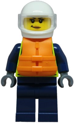 LEGO part Police - City Officer Female, Neon Yellow Safety Vest, Dark Blue Legs, White Helmet, Trans-Clear Visor, Orange Life Jacket (cty1853)