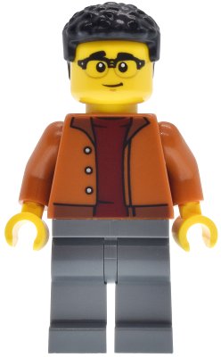 LEGO part EV Supercar Driver - Male, Dark Orange Jacket, Dark Bluish Gray Legs, Black Coiled Hair (cty1945)