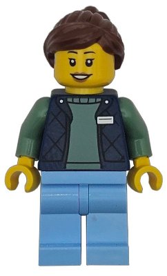 LEGO part Delivery Worker - Female, Dark Blue Bodywarmer over Sand Green Sweater, Bright Light Blue Legs, Reddish Brown Hair, Hearing Aid (cty1952)
