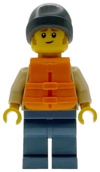 LEGO part Man - Tan Knit Cable Sweater, Orange Life Jacket, Sand Blue Legs, Dark Bluish Gray Beanie cty1955