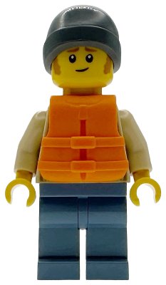 LEGO part Man - Tan Knit Cable Sweater, Orange Life Jacket, Sand Blue Legs, Dark Bluish Gray Beanie (cty1955)