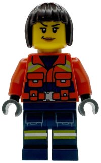 LEGO part Coast Guard City - Female, Reddish Orange Jacket with Pockets and Reflective Stripes, Dark Blue Legs with Pockets and Reflective Stripes, Dark Brown Bob Cut Hair cty1958