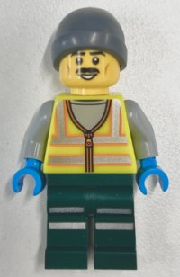 LEGO part Snowplow Driver - Male, Neon Yellow Safety Vest with Reflective Stripes, Dark Green Legs with Reflective Stripes, Gray Beanie cty1966