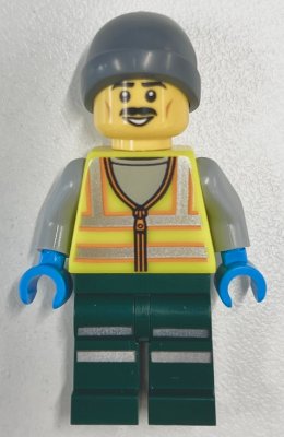 LEGO part Snowplow Driver - Male, Neon Yellow Safety Vest with Reflective Stripes, Dark Green Legs with Reflective Stripes, Gray Beanie (cty1966)