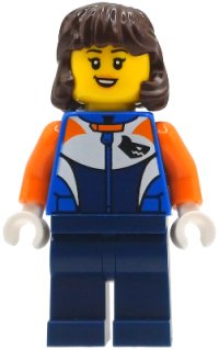 LEGO part Bike Racer - Female, Racing Suit with Shark Head Logo, Dark Blue Legs, Dark Brown Hair Mid-Length cty1997