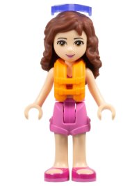 LEGO part Friends Olivia (Light Nougat) - Dark Pink Shorts, Dark Pink and White Swimsuit Top, Life Jacket, Sunglasses frnd0230