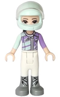 LEGO part Friends Emma - White Trousers, Light Aqua and Medium Lavender Racing Jacket, Light Aqua Racing Helmet with Black Ponytail frnd0261