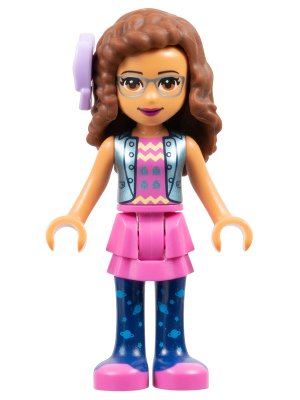 LEGO part Friends Olivia (Nougat) - Dark Pink Skirt and Dark Blue Leggings, Dark Pink Top, Blue Jacket, Bow (frnd0332)