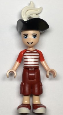 LEGO part Friends Zack - Dark Red Cropped Trousers Large Pockets, Red and White Striped Shirt, Pirate Tricorne Hat, White Plume (frnd0336)