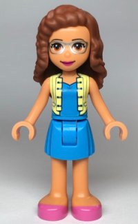 LEGO part Friends Olivia (Nougat) - Dark Azure Skirt and Top with Bright Light Yellow Vest, Dark Pink Shoes frnd0351