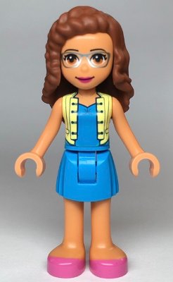 LEGO part Friends Olivia (Nougat) - Dark Azure Skirt and Top with Bright Light Yellow Vest, Dark Pink Shoes (frnd0351)